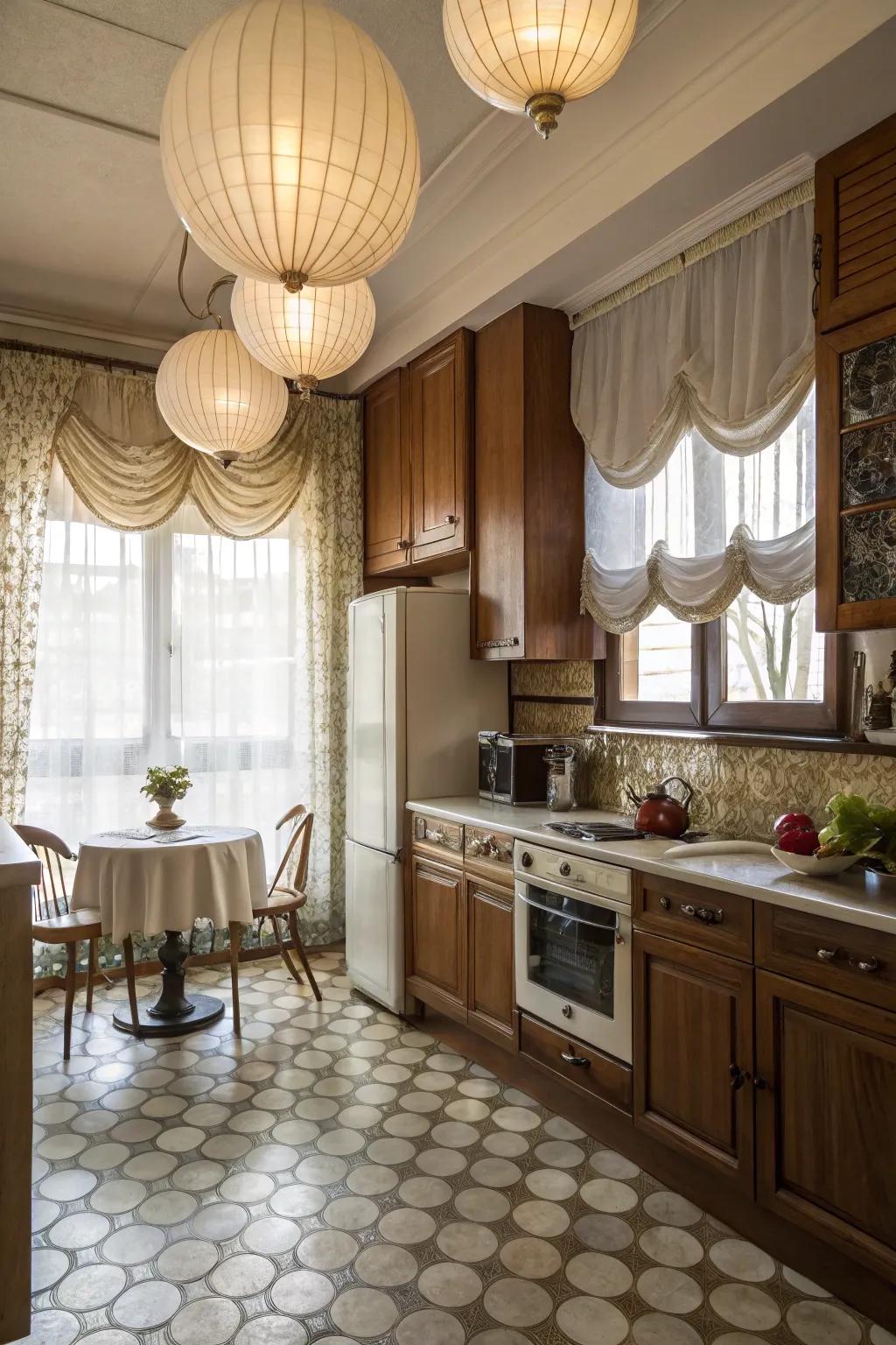 Vintage balloon shades add romantic charm to this kitchen.