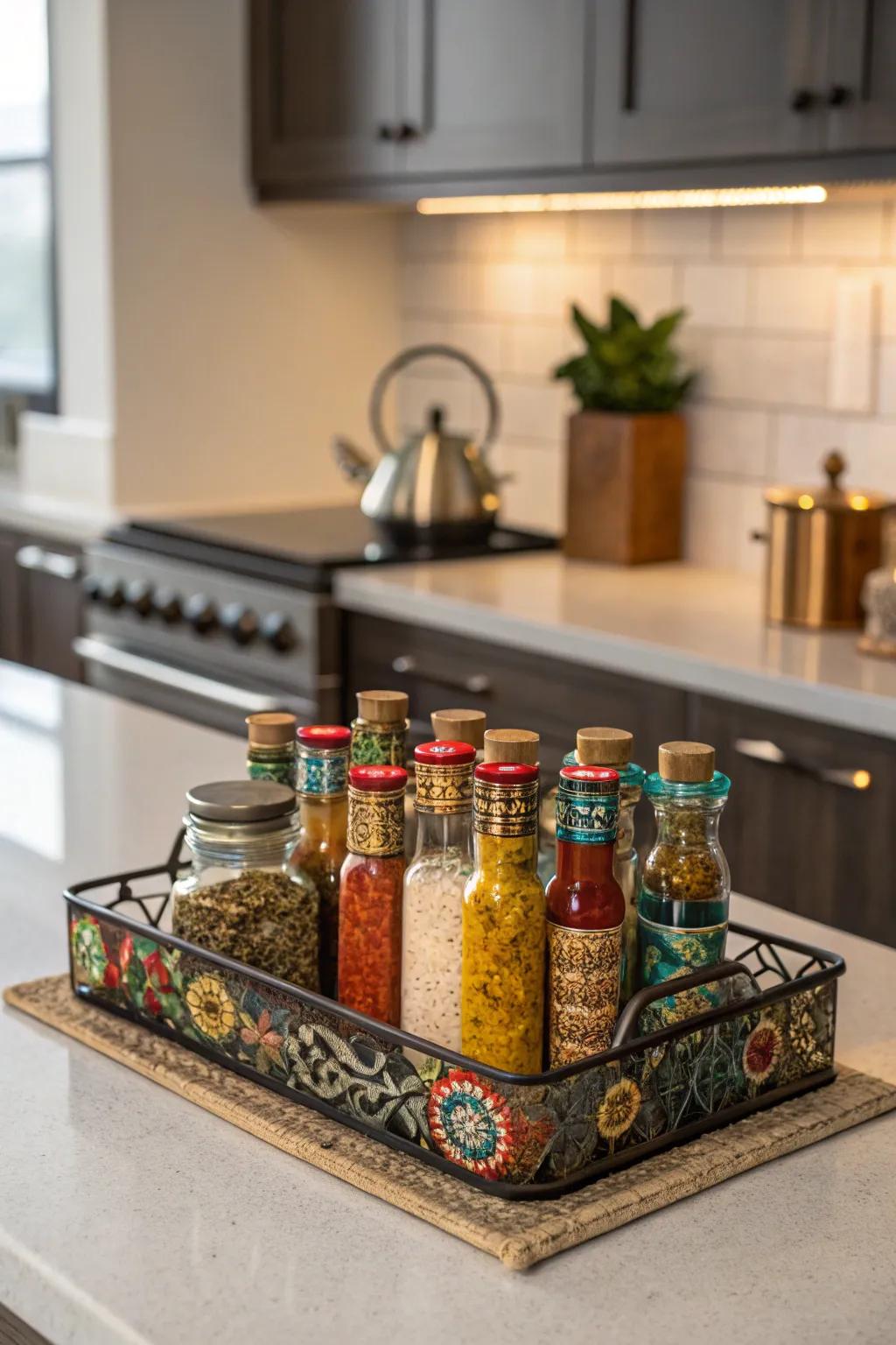 Elegantly arrayed condiments augment both pigmentary tonality and pragmatic expediency.