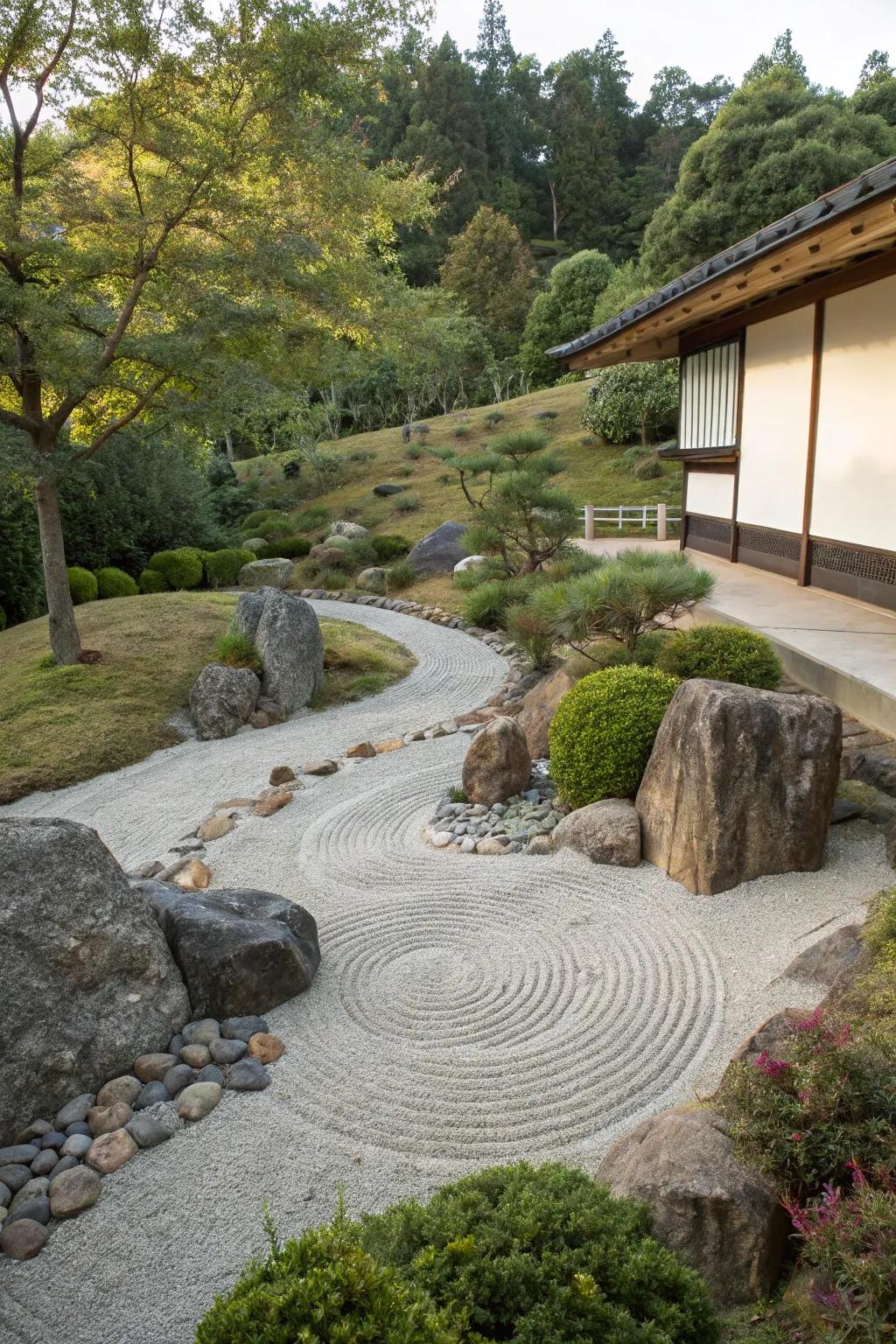 Zen gardens offer calm and organization to tilted areas.