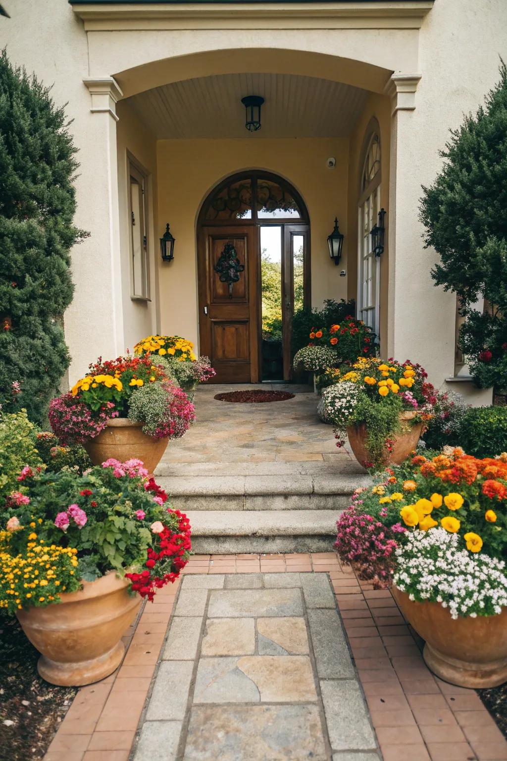 Illuminate your entrances with vibrant pot arrangements.