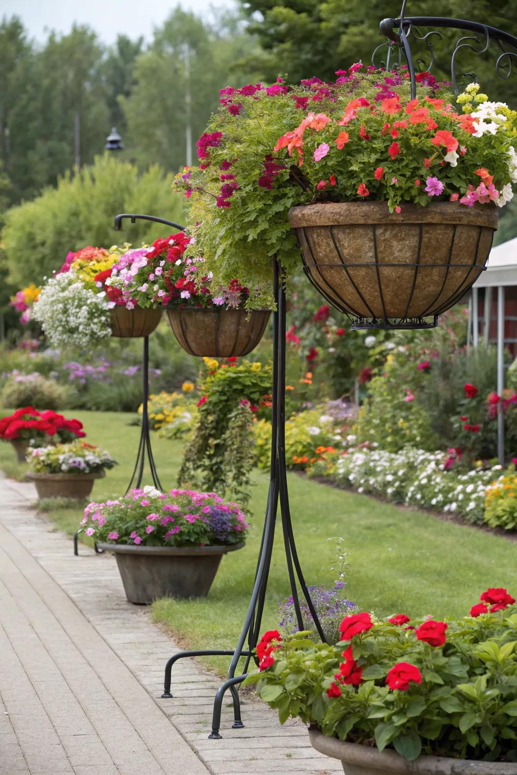 Add dimension with hanging baskets on stands.