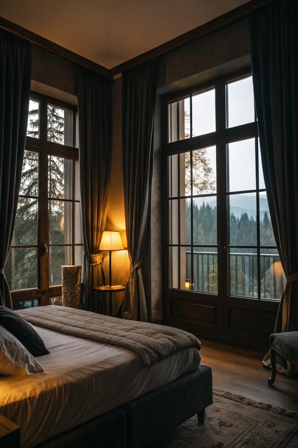 Blackout curtains provide privacy and restful sleep.