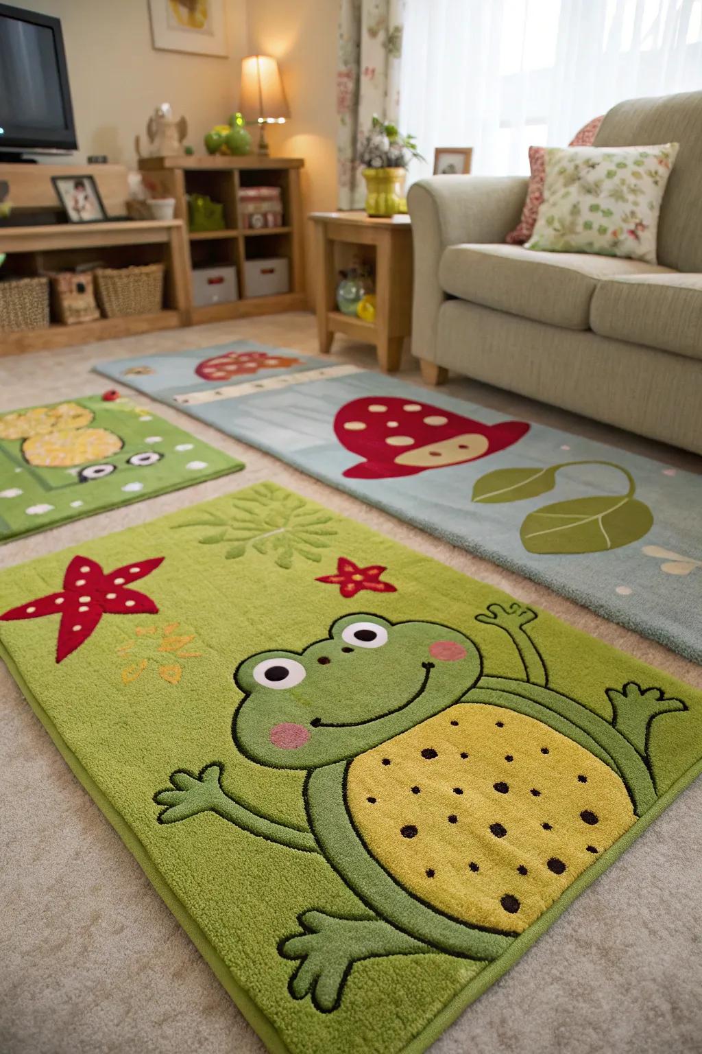 Amphibian-themed rugs infuse a whimsical element into your flooring.