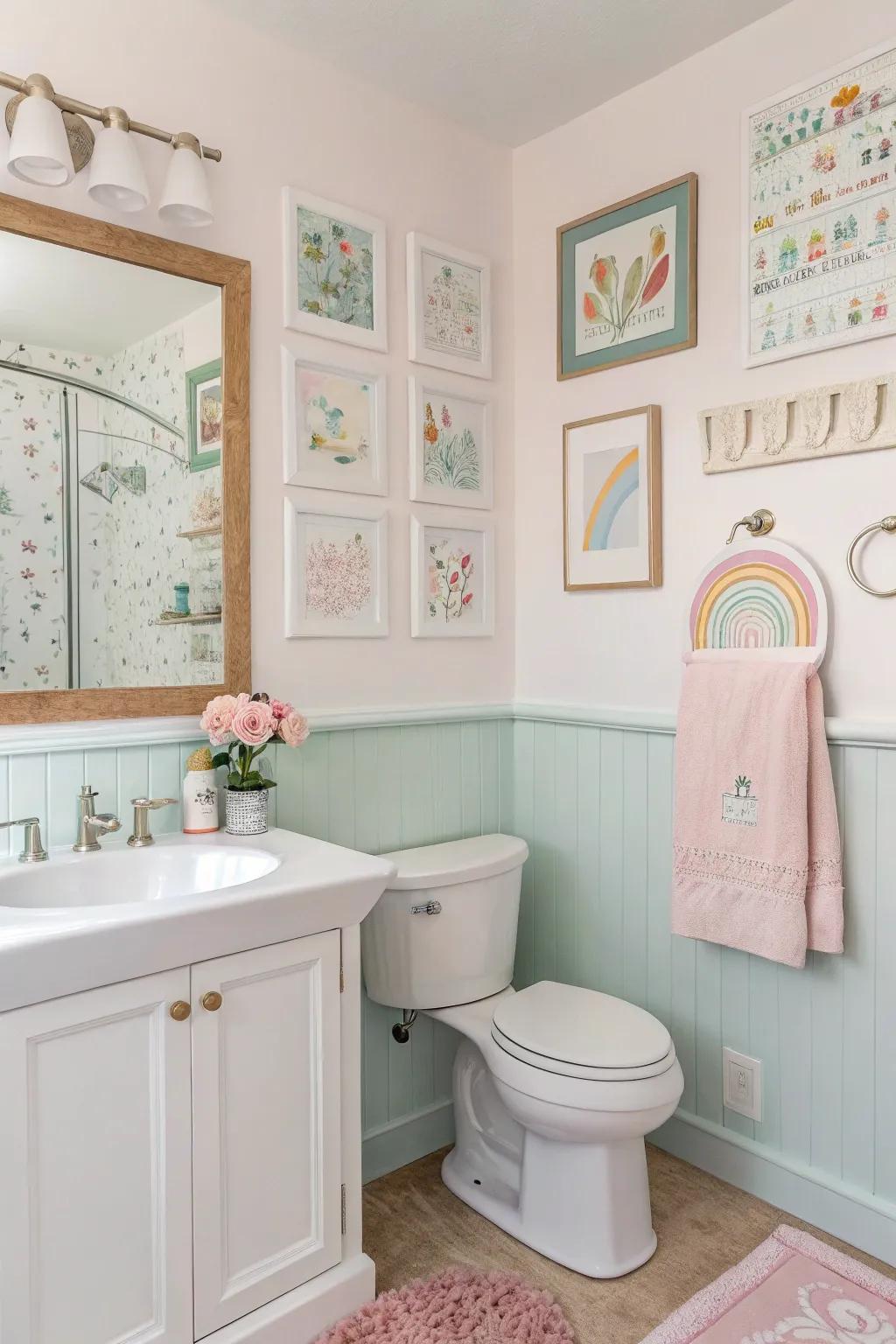 Pastel accents bring playful energy to a light bathroom.