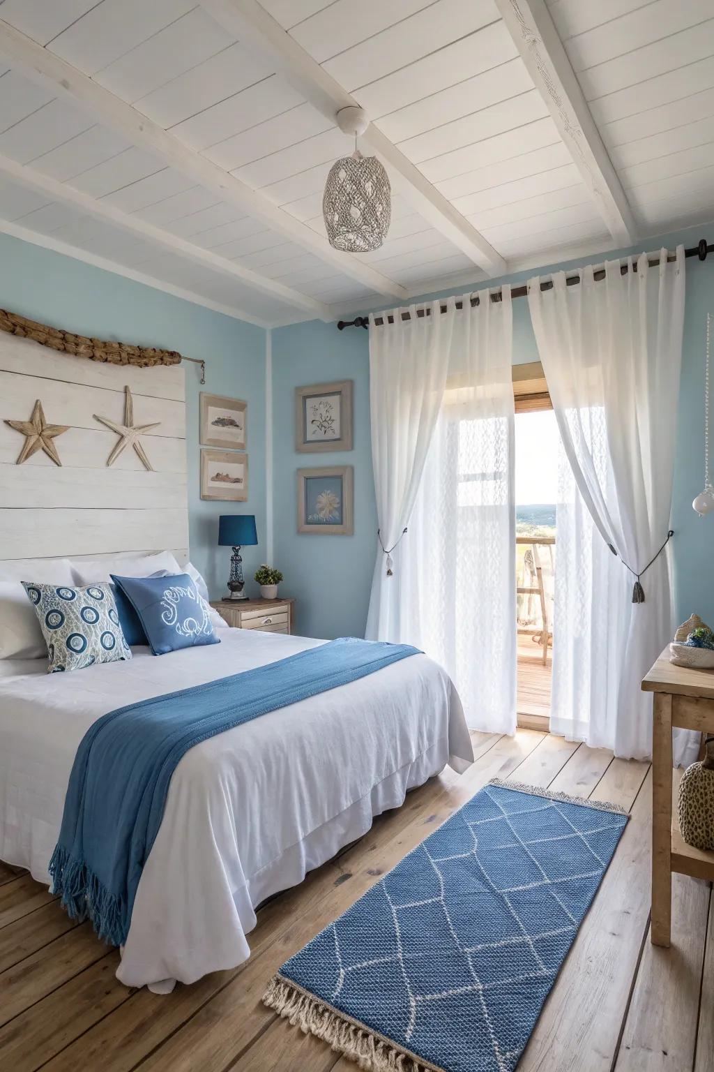 A seaside theme designing a serene atmosphere with pale timber flooring.