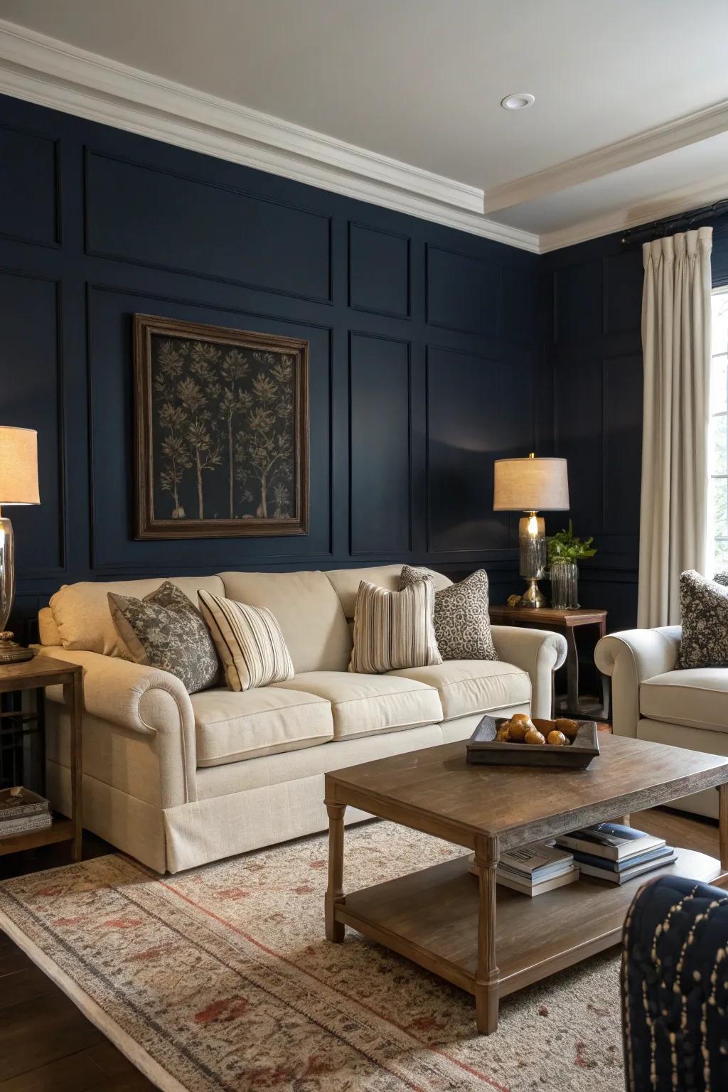 A dark accent wall adds drama and sophistication to your living space.