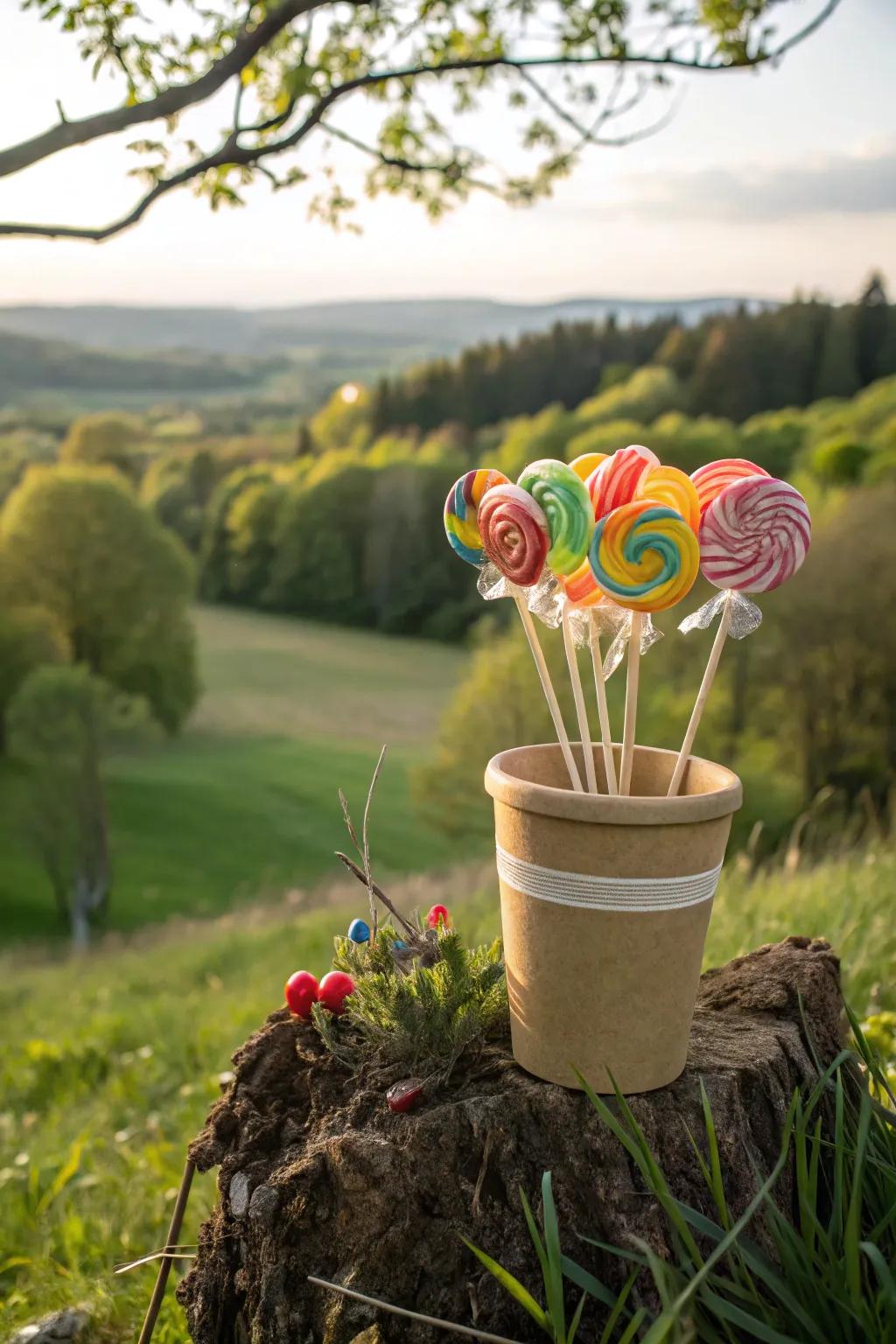An eco-friendly sweet treat posy in a biodegradable container