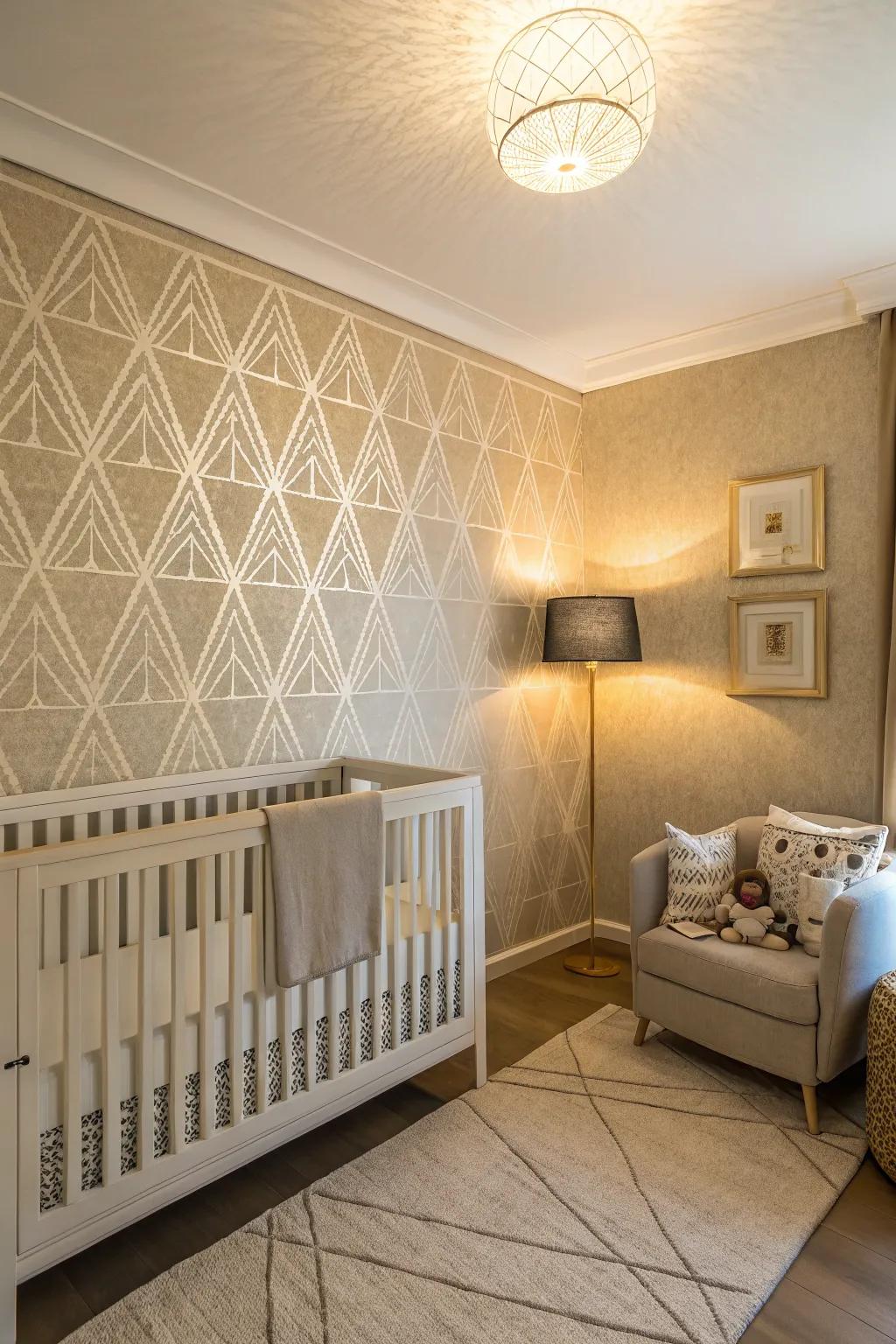 A nursery featuring artful wall treatments with textured wallpaper and geometric patterns.