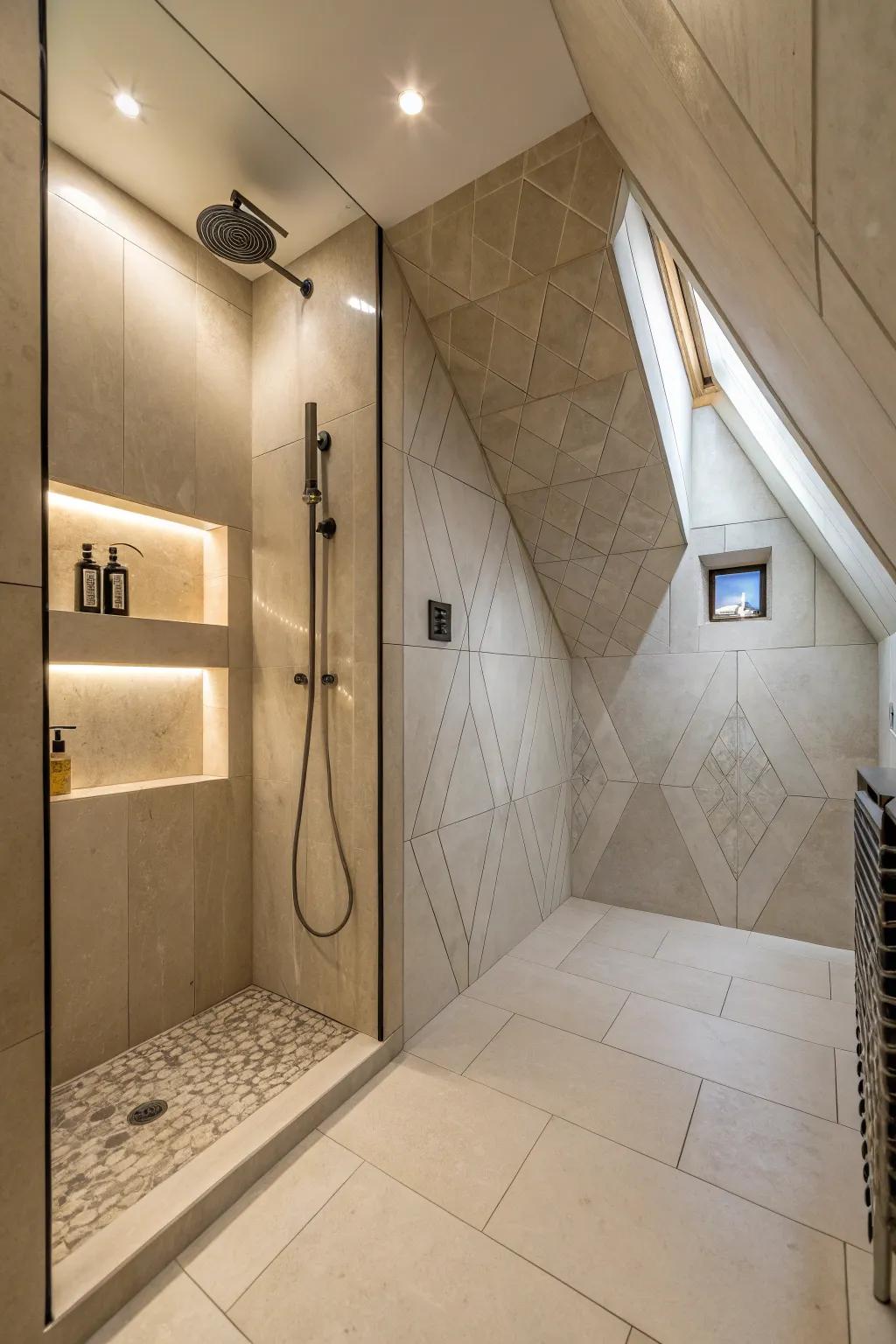 A walk-in shower creatively using architectural forms.