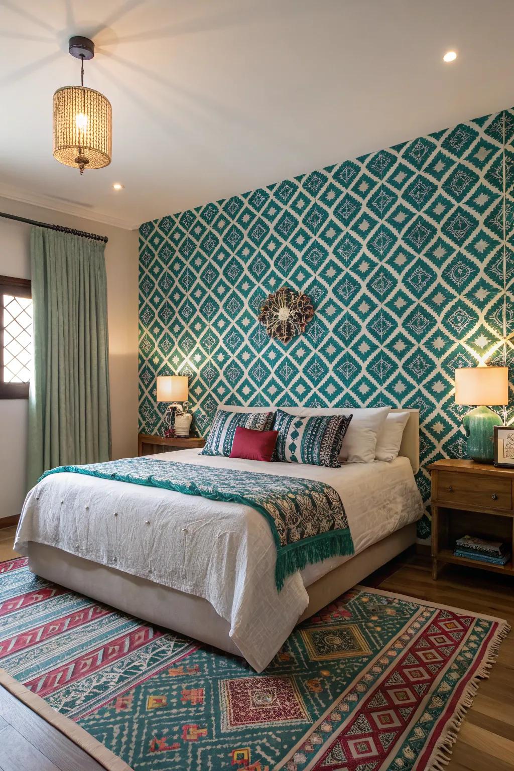 A bedroom showcasing bold patterned wallpaper.