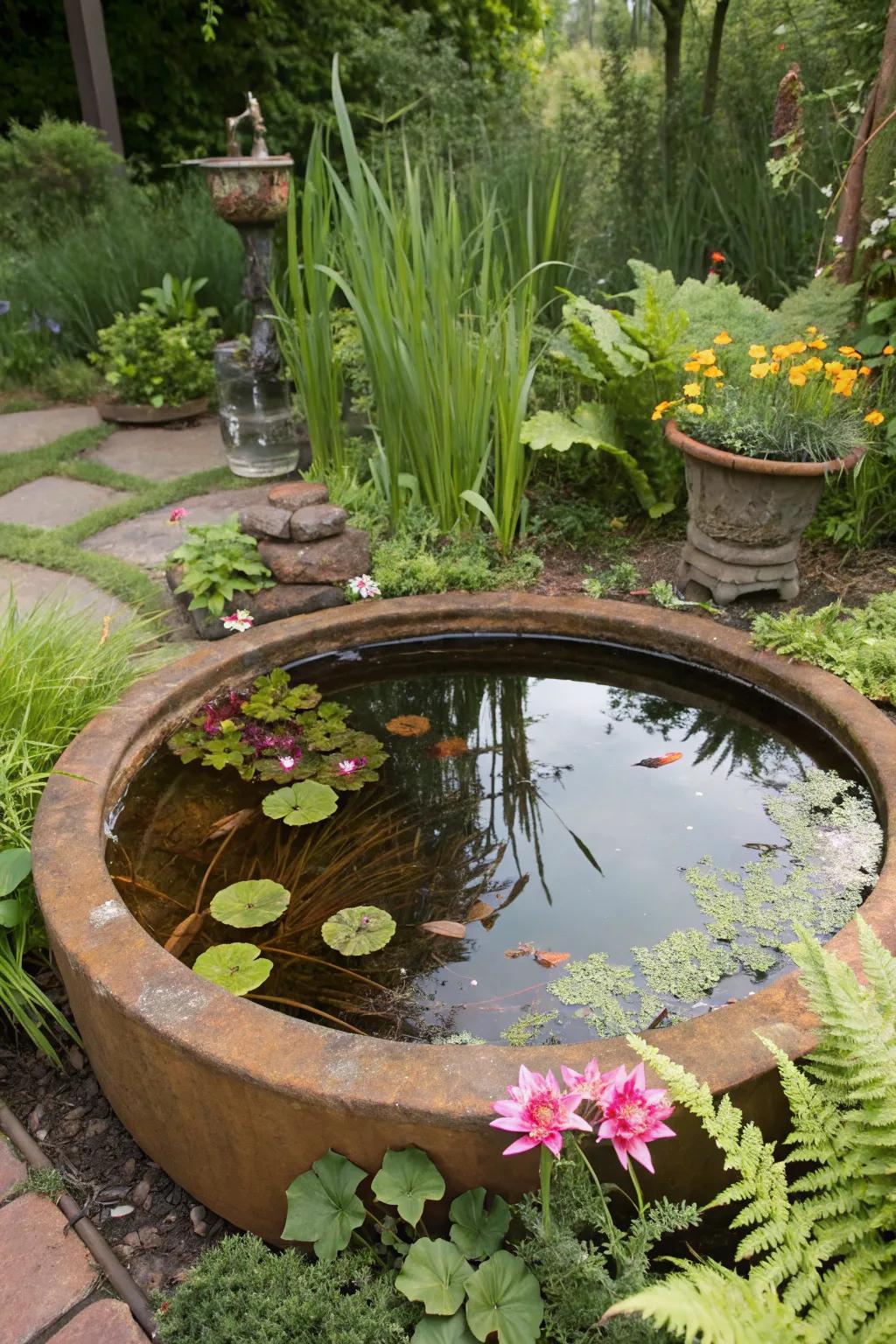 A rustic fire pit rim transformed into a unique mini pond.