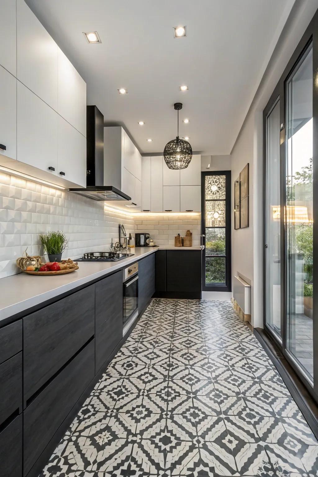 Textured tiles infuse dimension and intrigue into this kitchen.