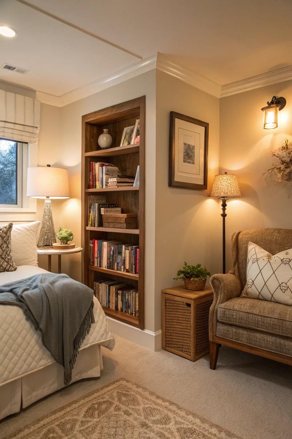 A reading nook offers a peaceful retreat in this guest bedroom.