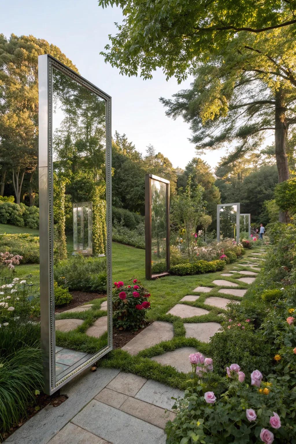 Reflective surfaces expand the visual space in a modern garden.