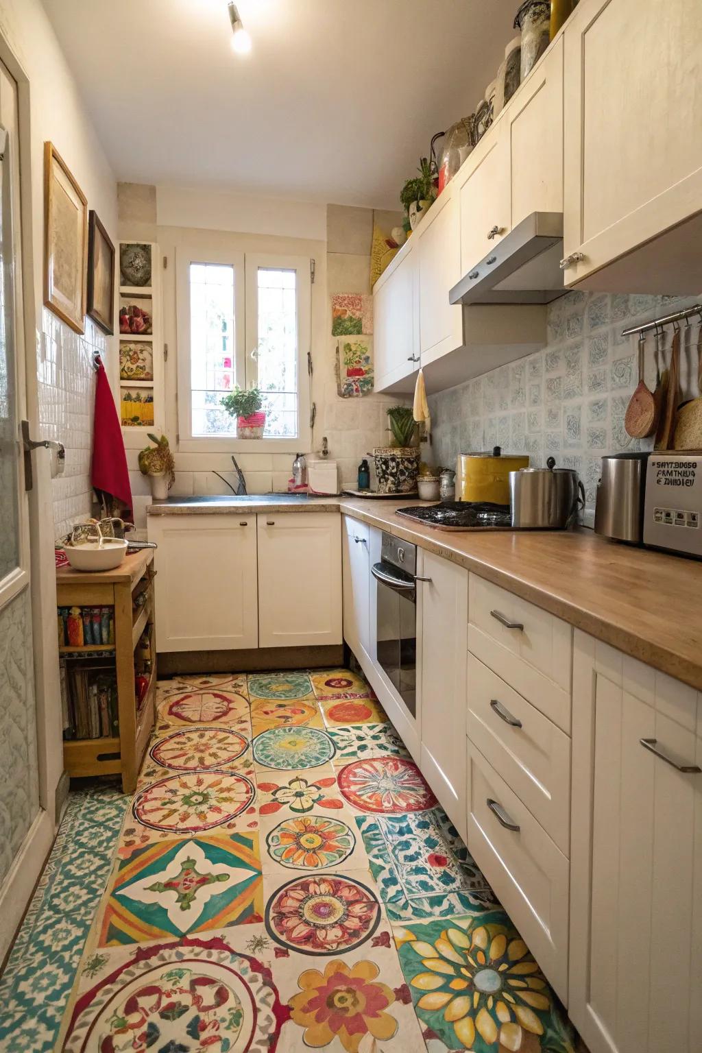 Patterned flooring adds a bold statement to a small kitchen.