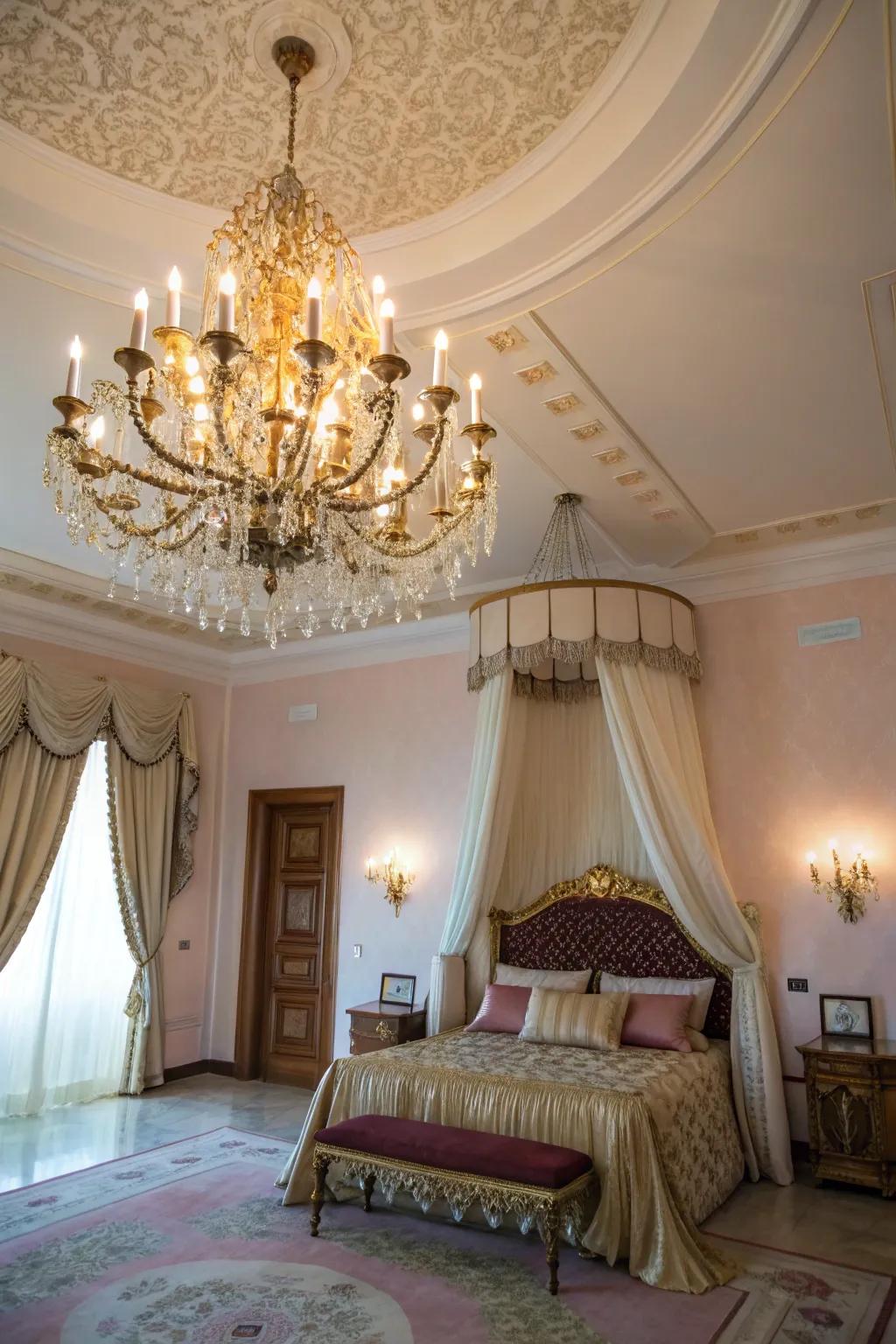A striking candelabra introduces opulence and sophistication to a modern Spanish bedroom.