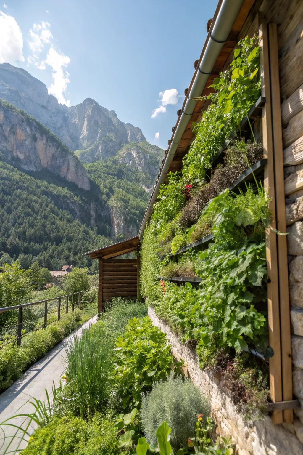 A lush vertical garden enriching the verdure within a compact expanse.