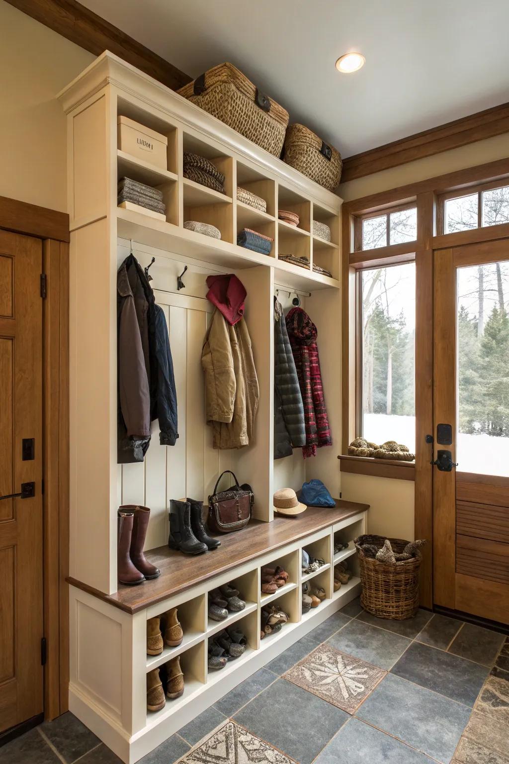 Mudroom with accessible shelving for organized and easy display of items.