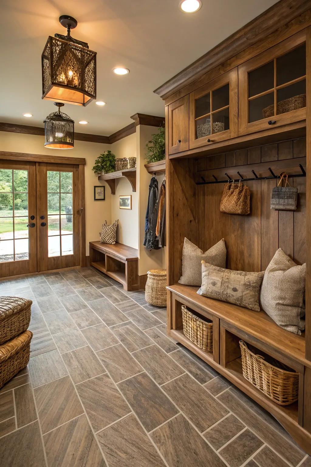Wood look tiles providing warmth to a mudroom