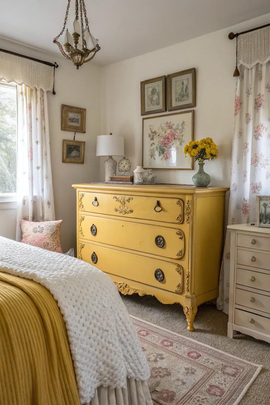 A bedroom with a vintage mustard yellow dresser and decor.