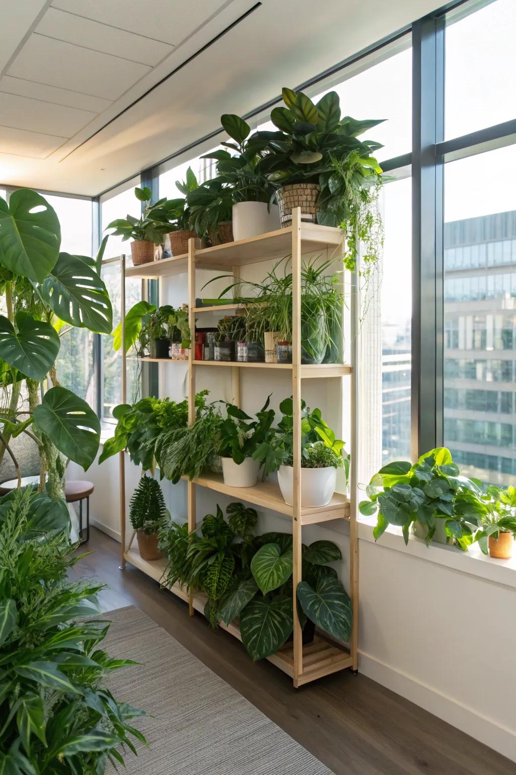 Corner plant shelves create a refreshing and natural office atmosphere.