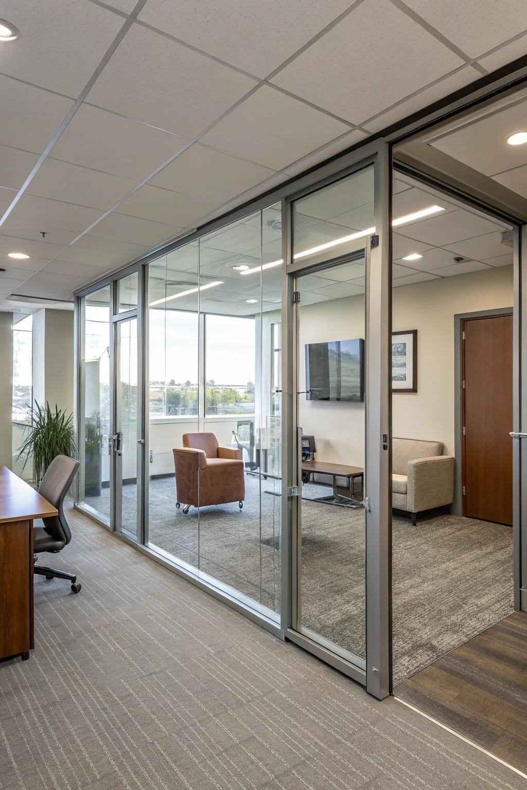 Glass sliding doors offer sleek and seamless transitions in offices.