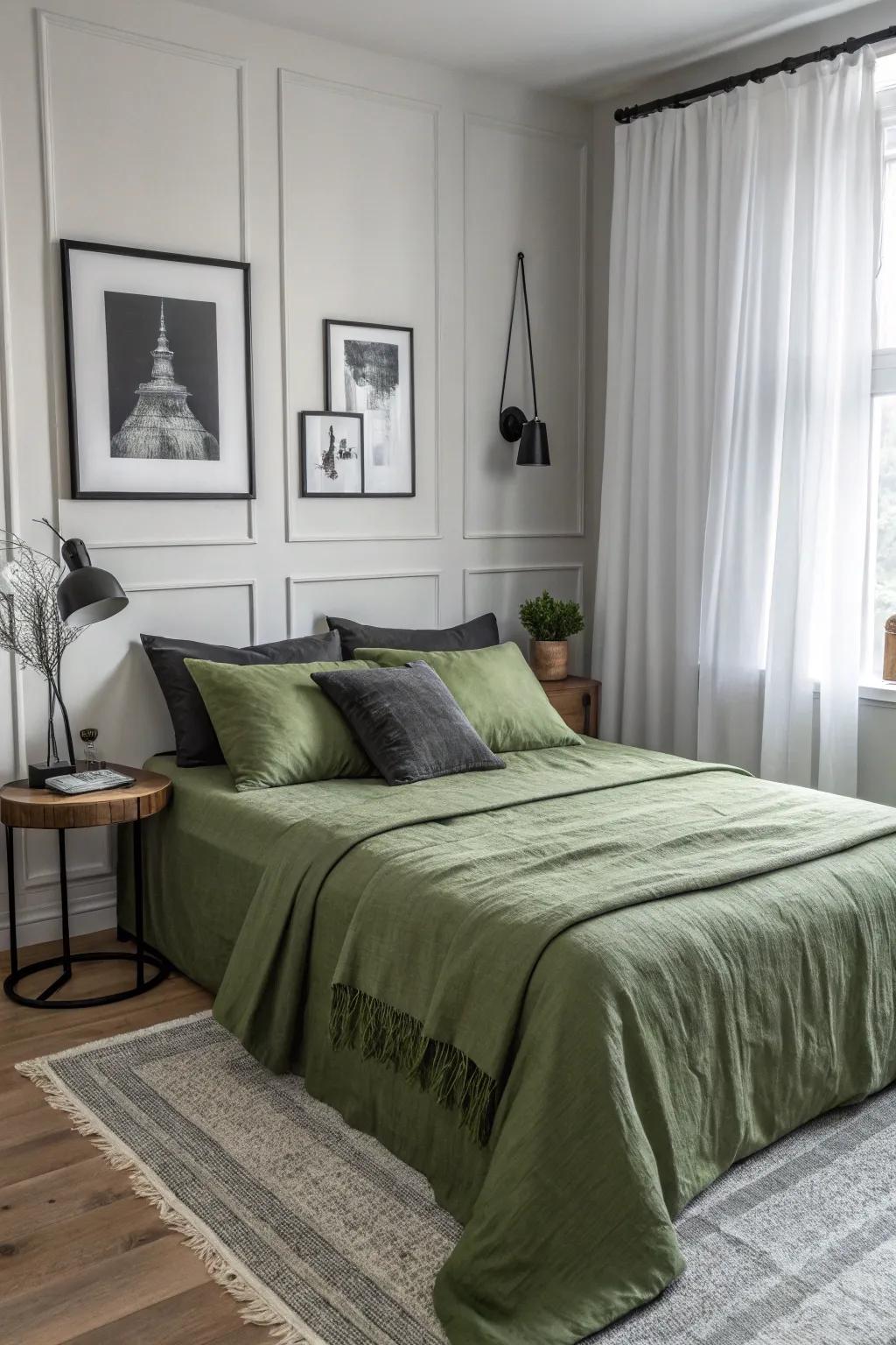 Monochrome decor adds a modern contrast to olive green bedding.