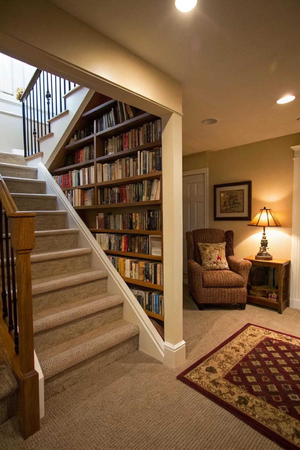 A cozy library nook beneath the steps introduces character and functionality.