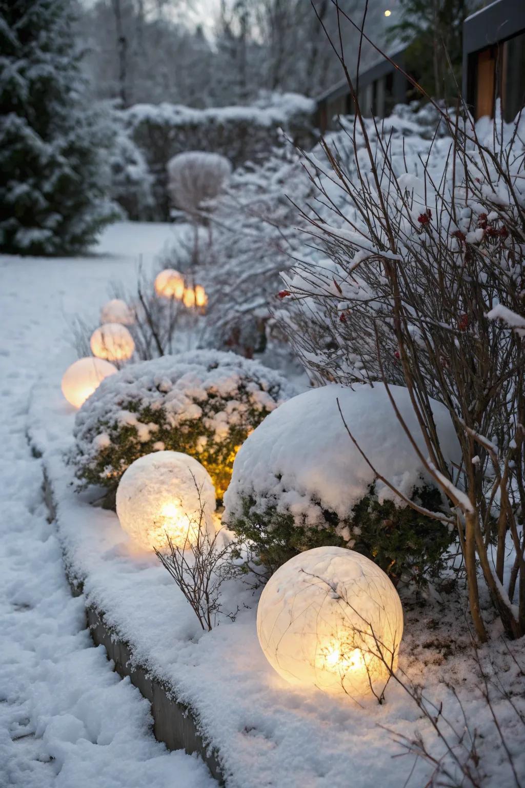 Light balls in the garden create an enchanting evening glow.