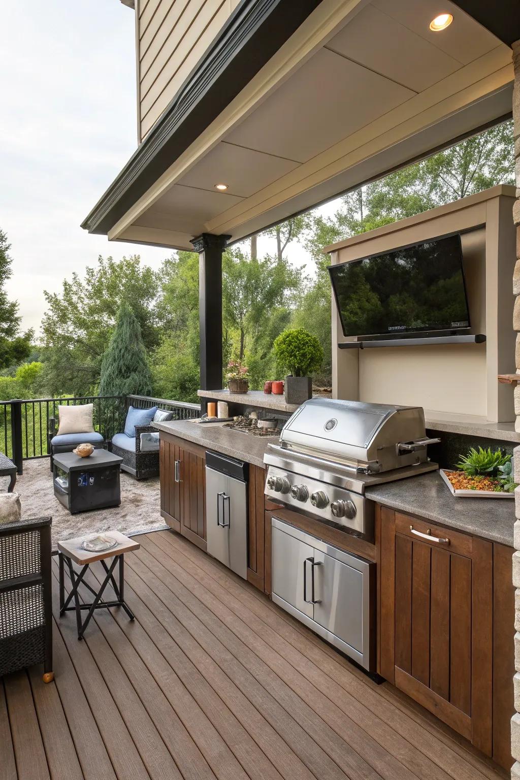 A multi-level deck offers distinct zones for cooking and entertainment.