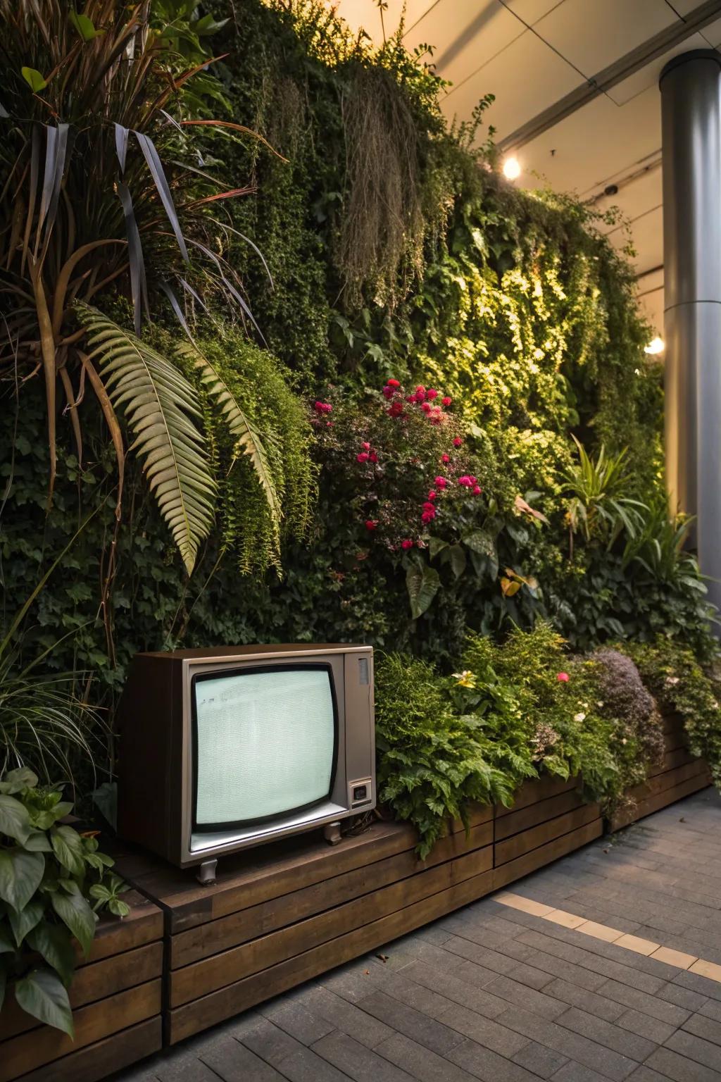 A vertical garden backdrop adds a touch of nature to your outdoor TV area.