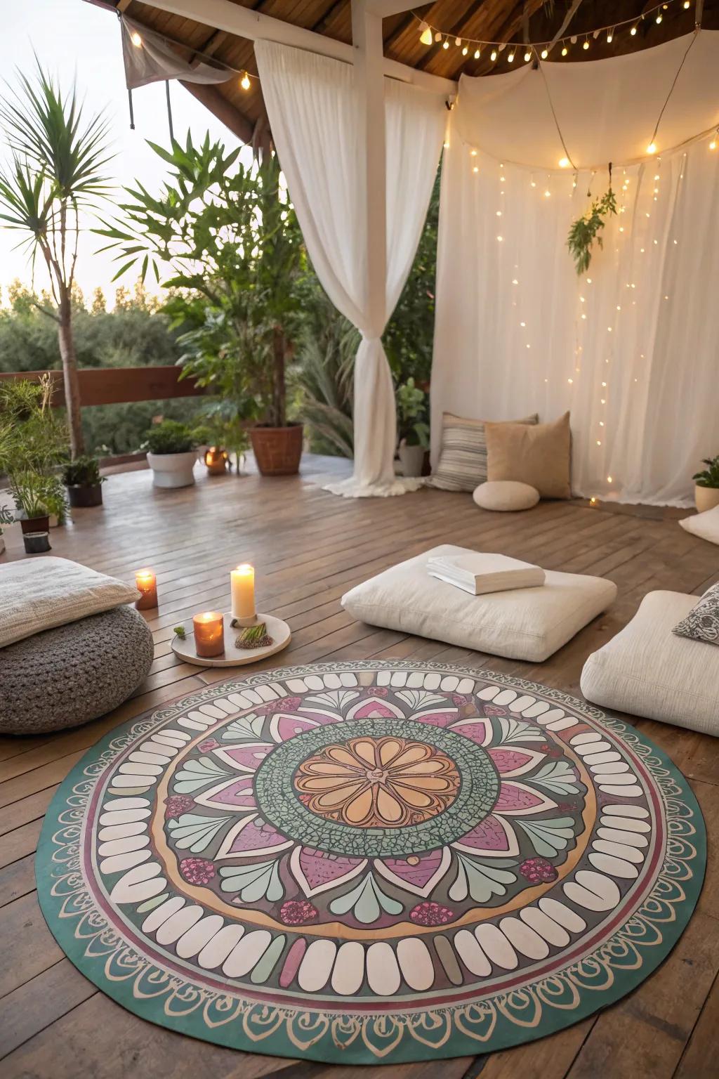 A meditation nook with mandala painted floors, creating a serene and spiritual retreat.