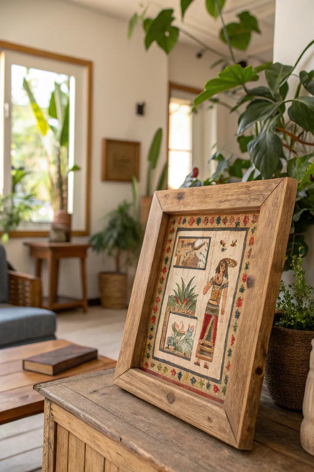 Reclaimed wood frames for a sustainable touch.