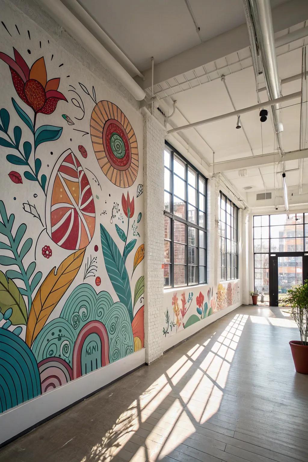 A wall featuring an artistic mural, making a bold statement in a modern loft.