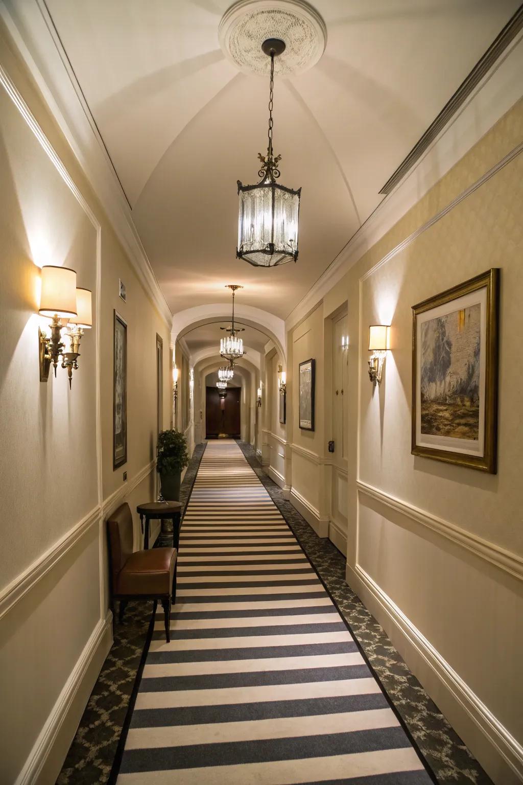 Striped floors enhance the spatial dynamics of this hallway.