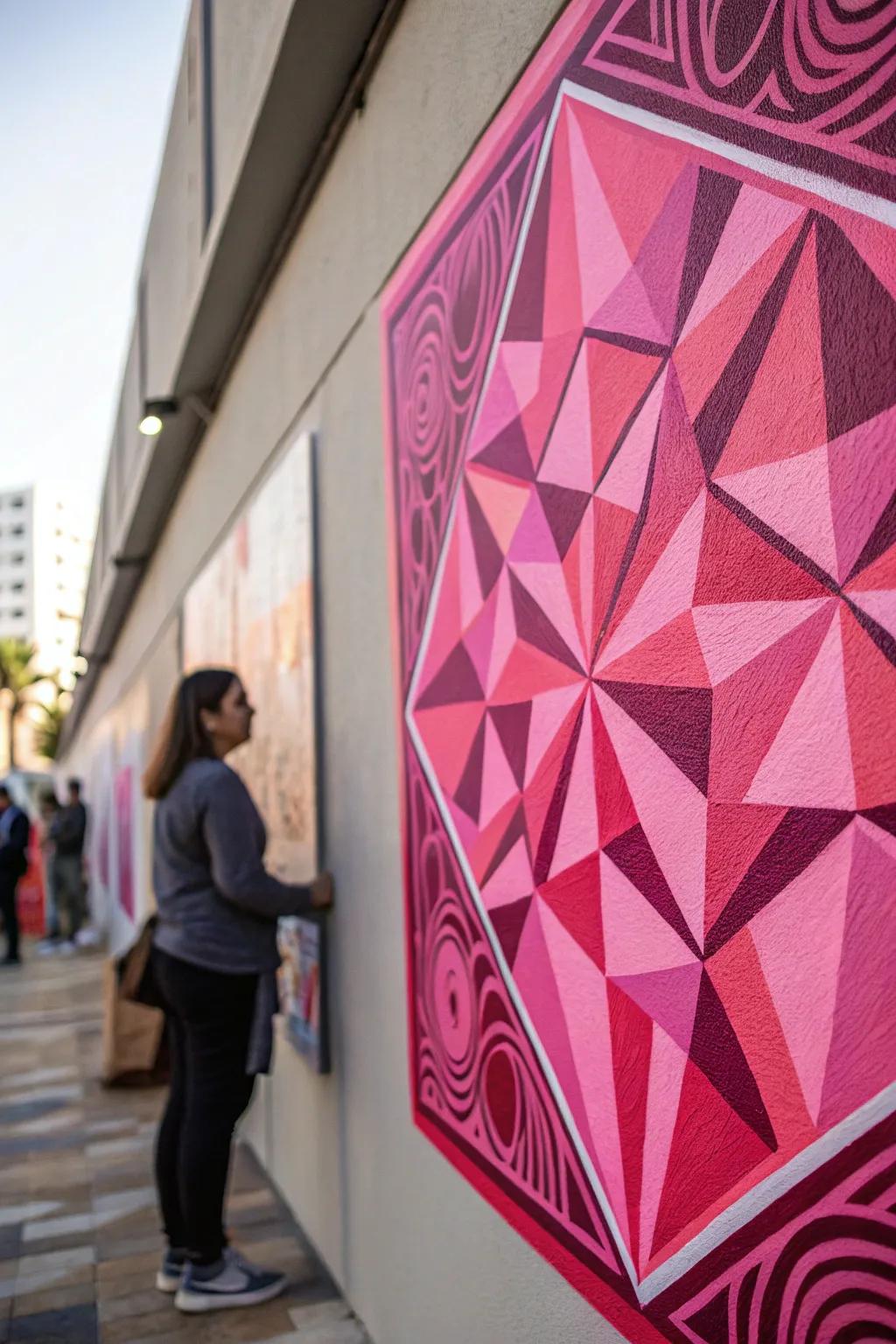 Modern geometric painting with pink patterns.