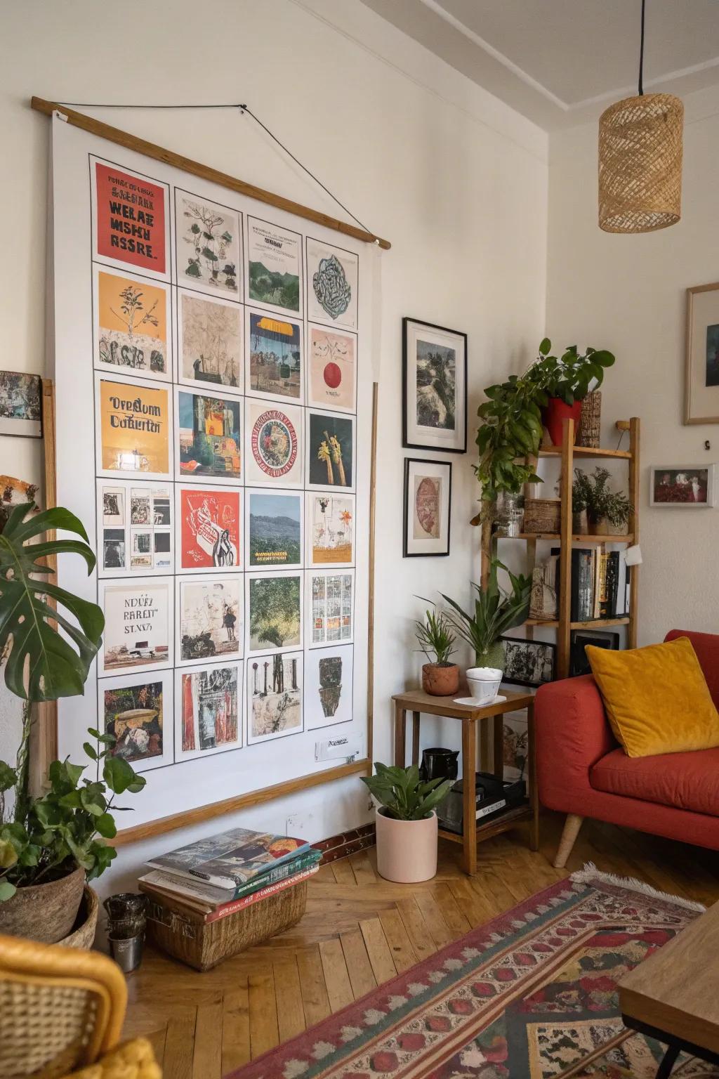 A poster with a quirky grid layout balancing an eclectic living room.