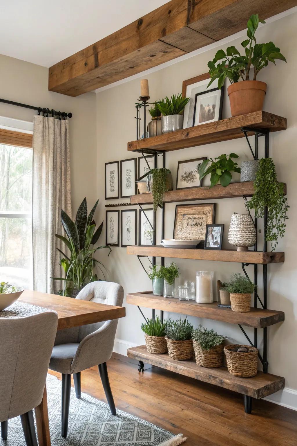 Achieve contrast with rustic-modern plant shelves.