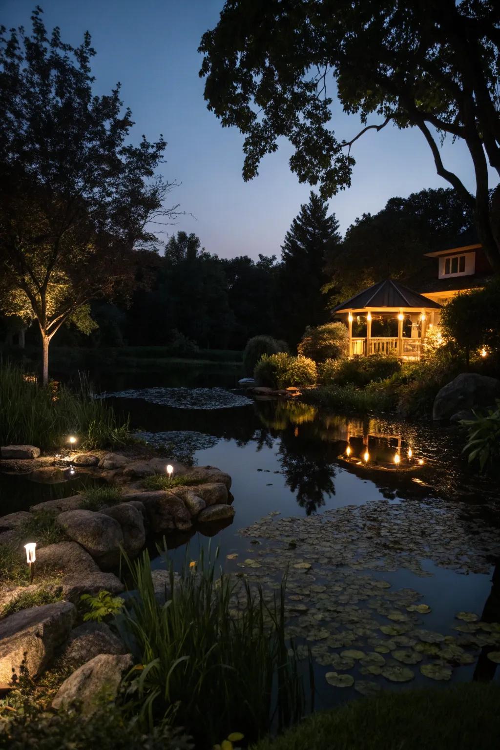 Soft lighting transforming a pond into a magical evening retreat.