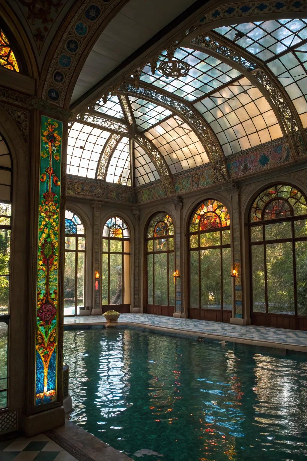Painted glass boards fashion a vivid and secluded pool environment.