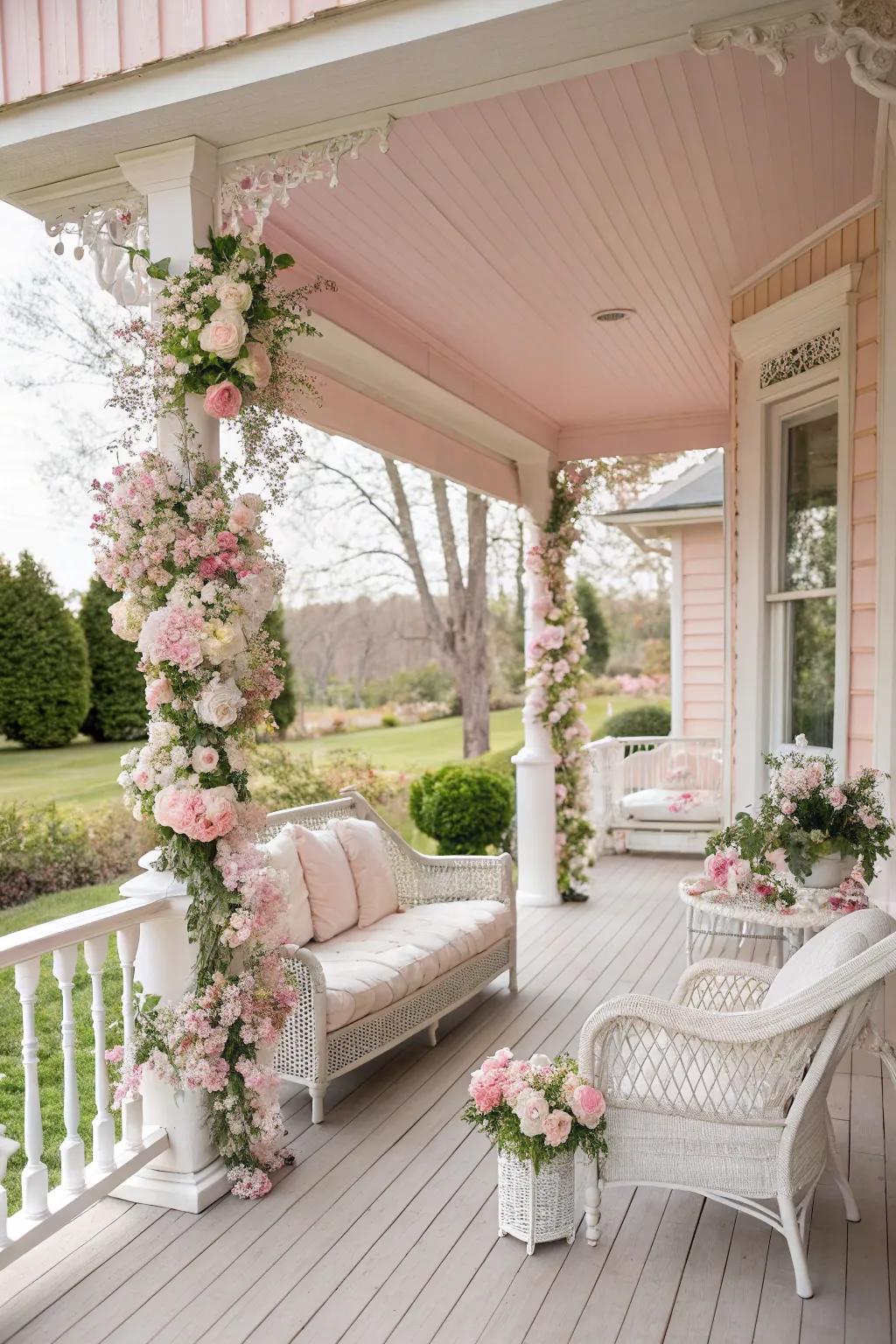 A pastel pink porch that exudes charm and romance.