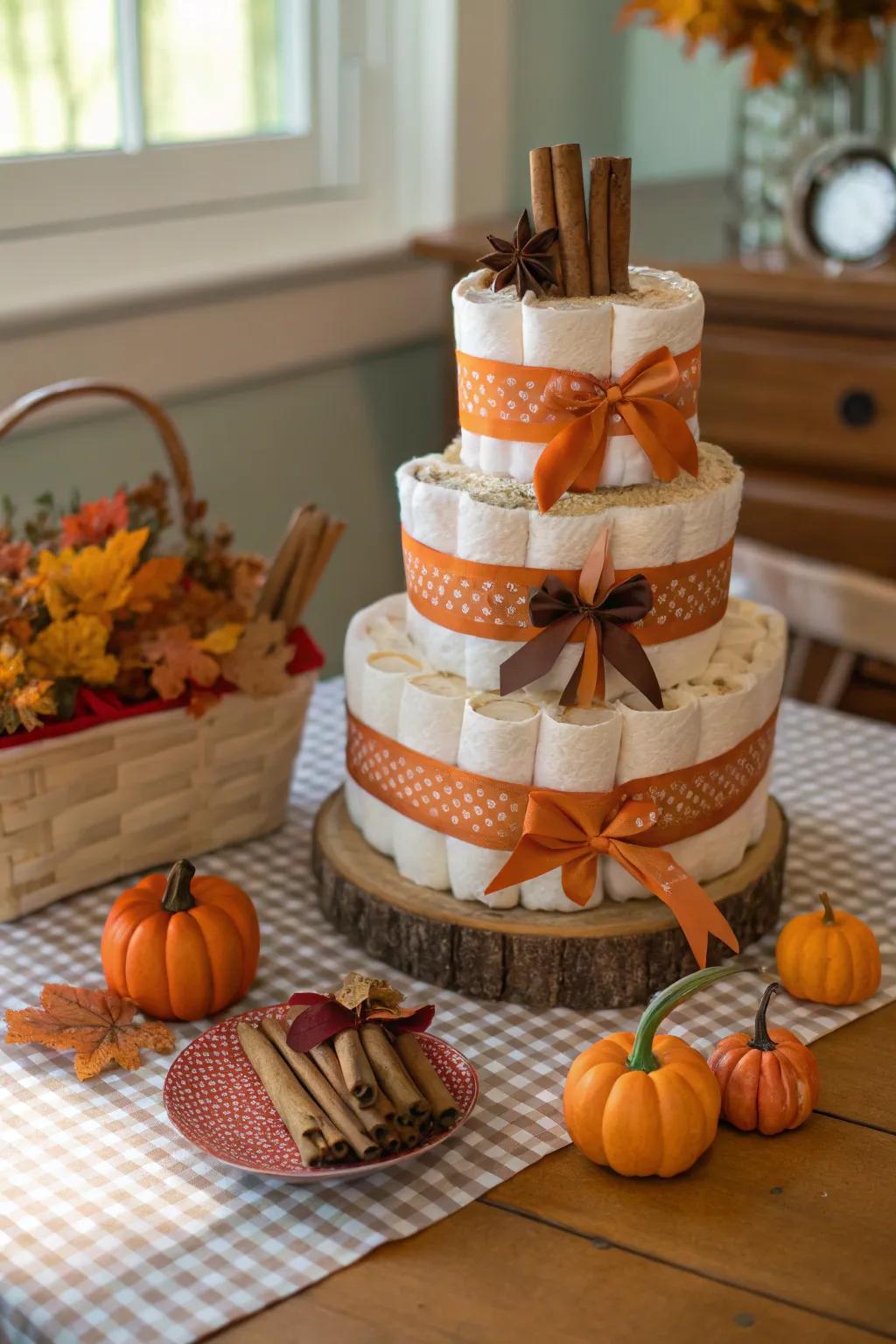 Pumpkin spice diaper cakes fill the room with the warm scents of fall.