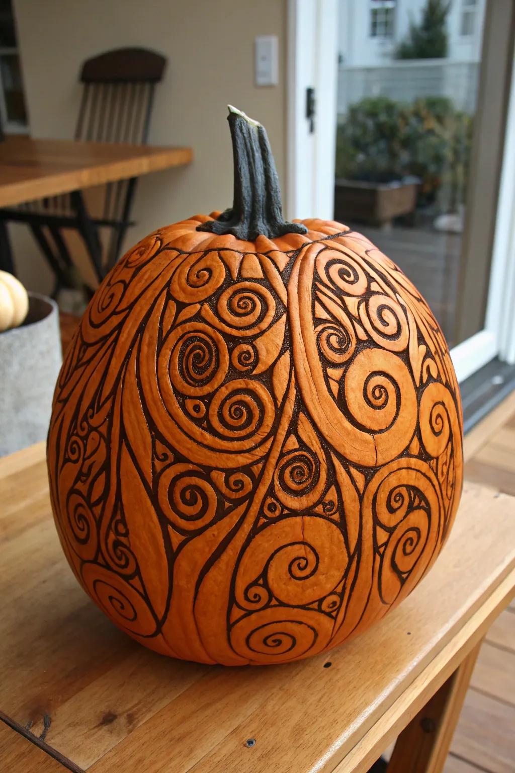 A hypnotized pumpkin that captivates with its intricate design.