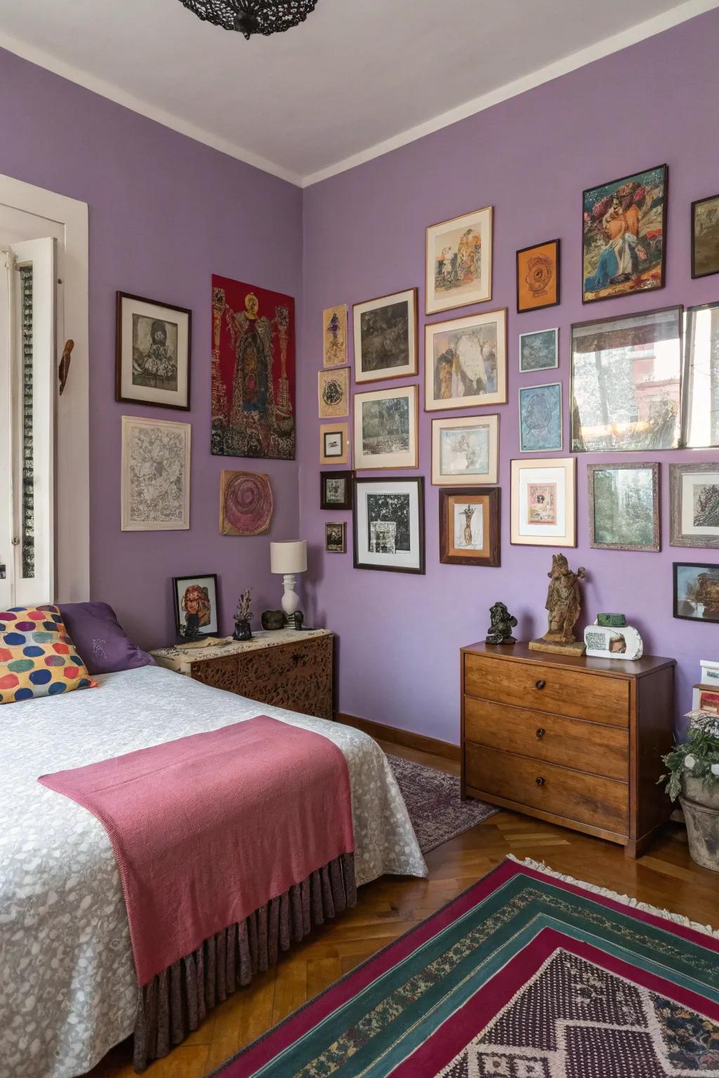 Eclectic art display adding a unique touch to purple walls.