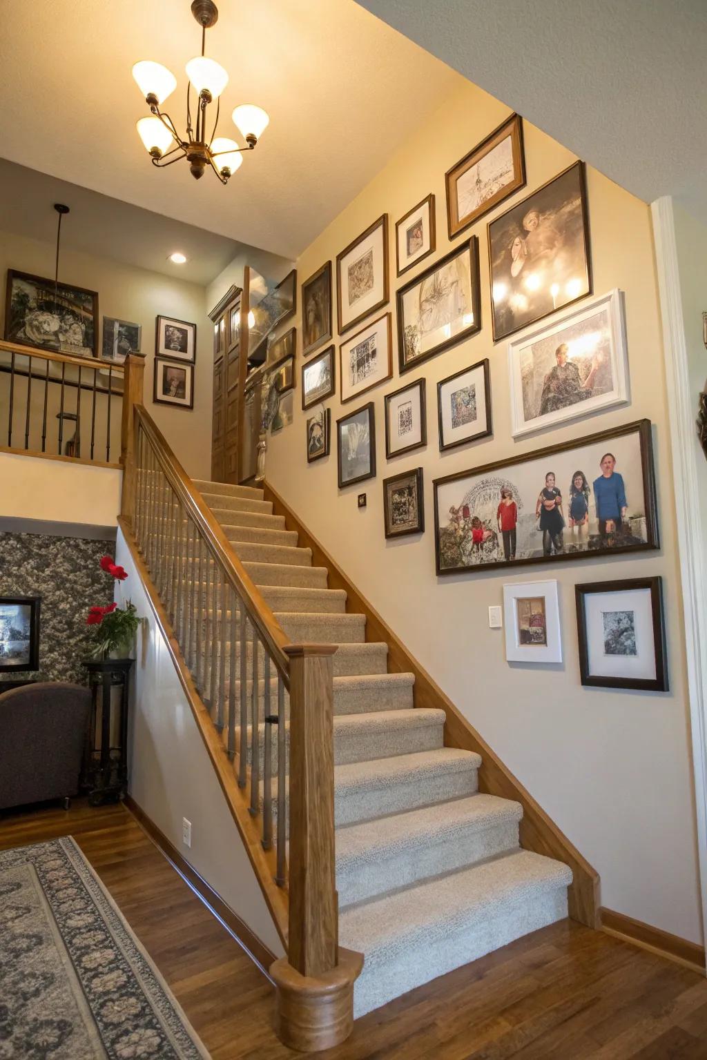 A gallery wall adds a personal and artistic touch to the staircase entryway.