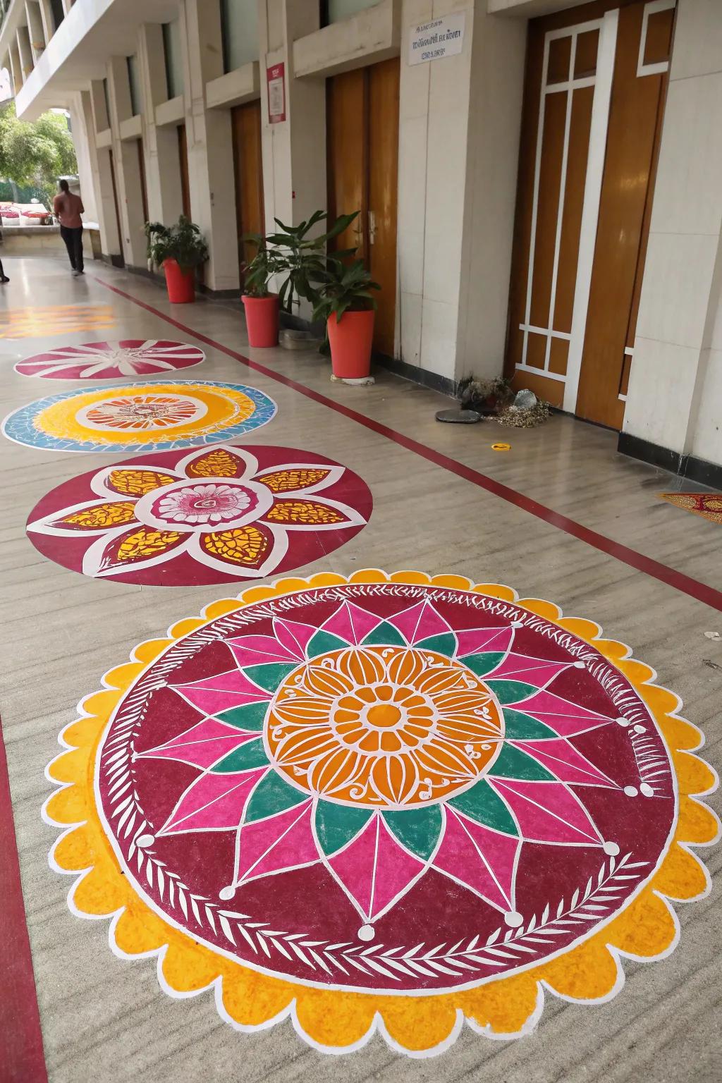 Bold borders frame this rangoli, enhancing its visual impact.