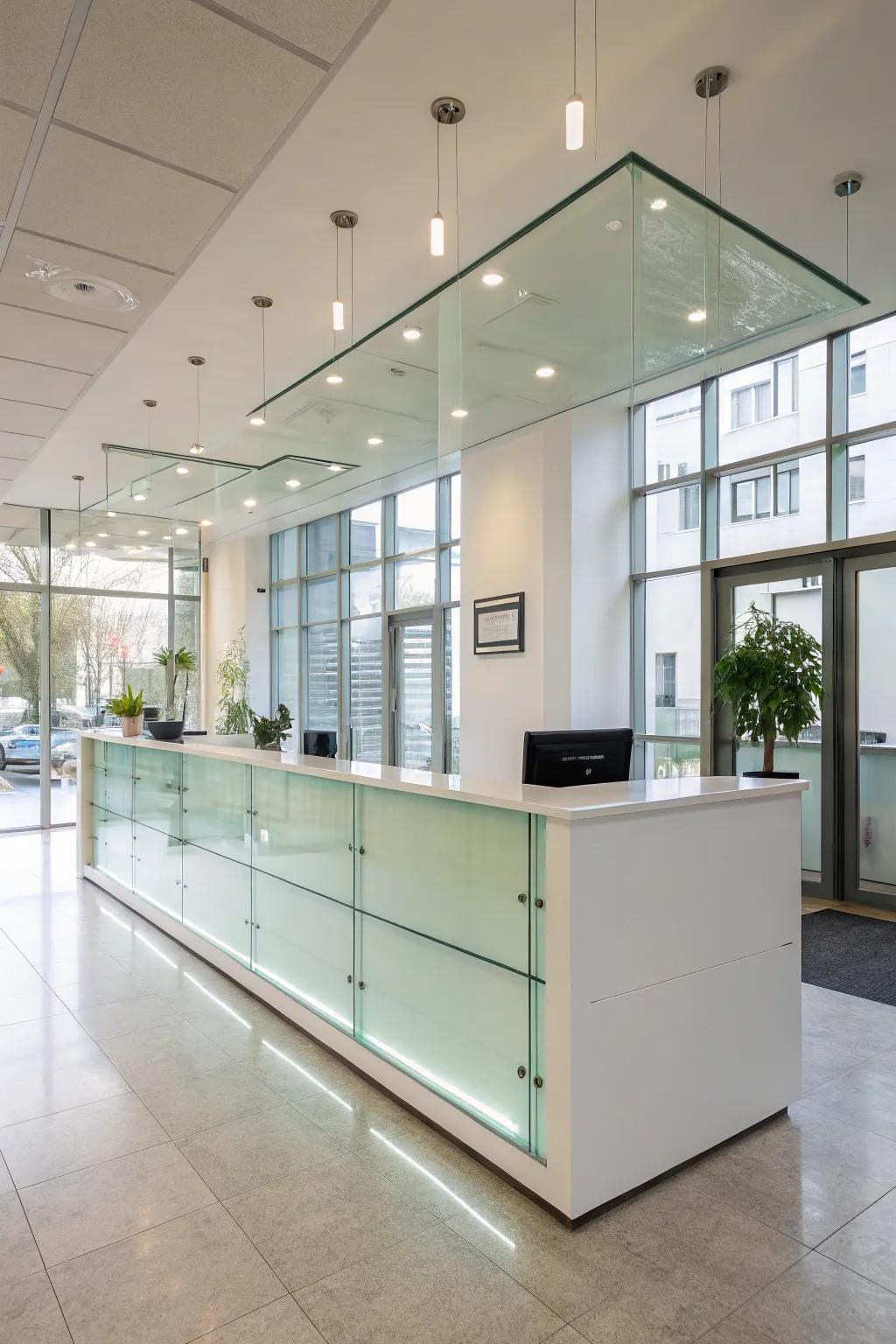 A glass reception desk enhancing openness and light.