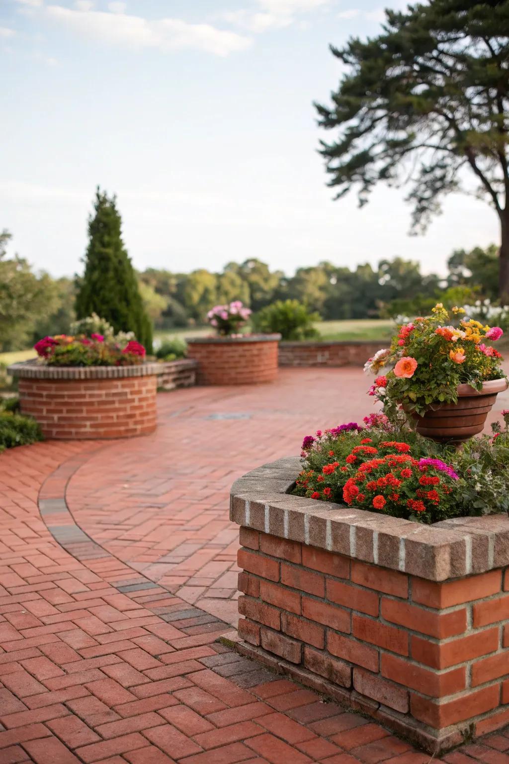 A red brick patio featuring elegant brick planters