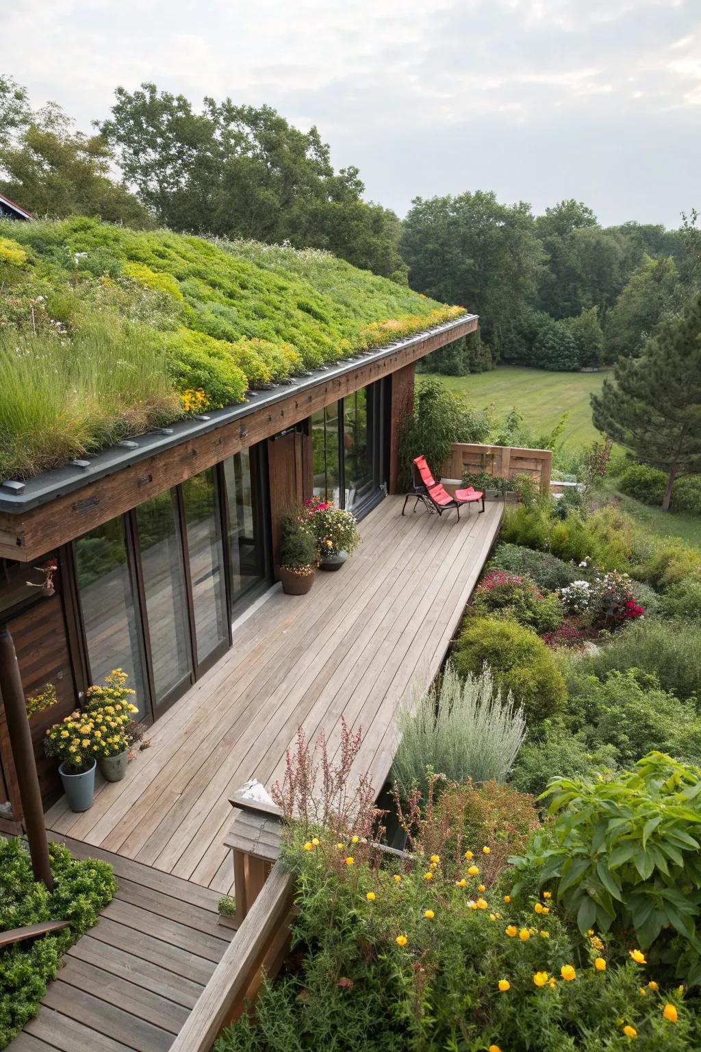 A green roof enhances your deck with natural beauty and insulation.