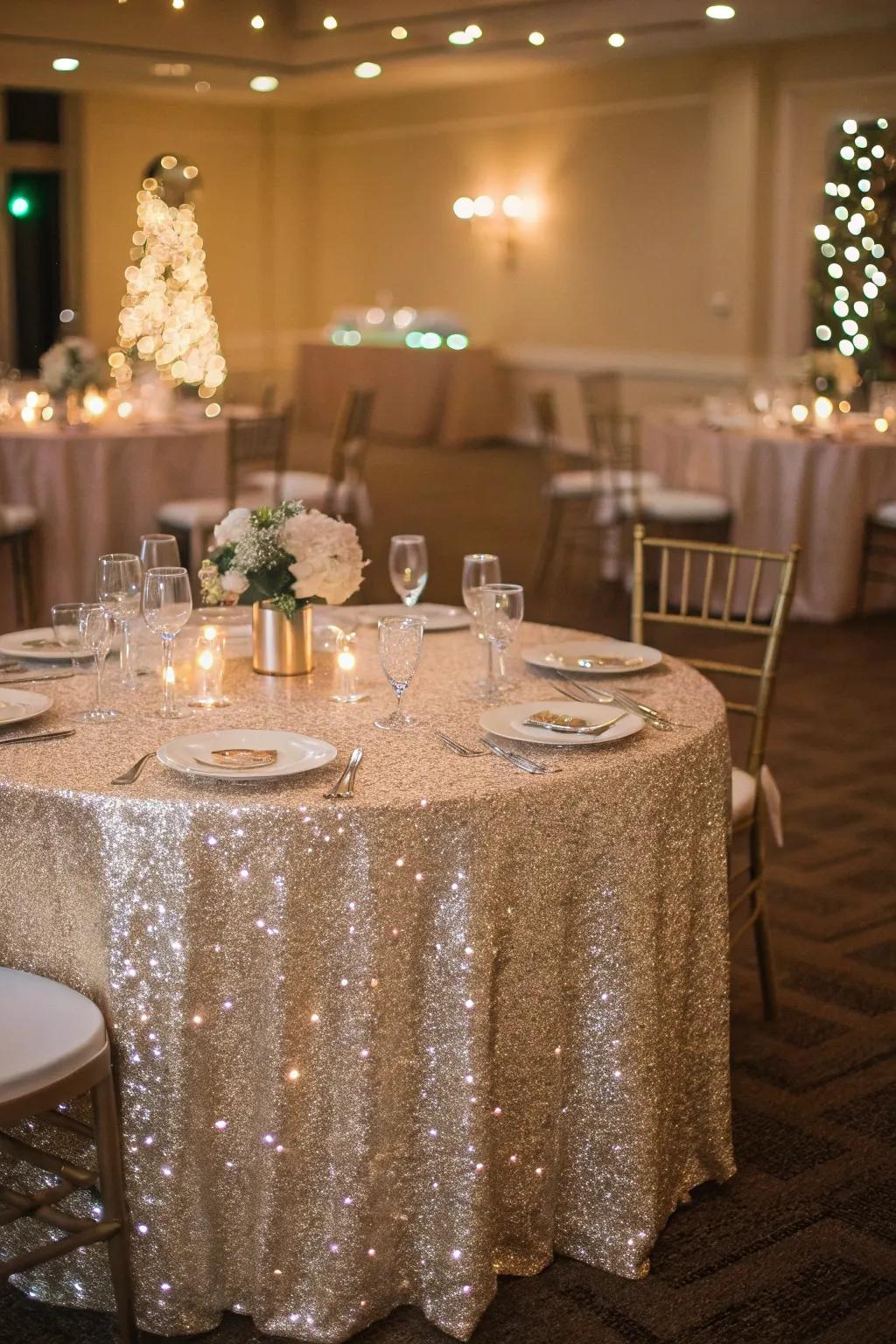 Sequined cloth injecting sparkle into a festive wedding.